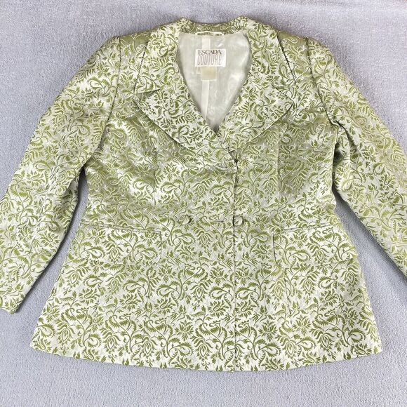 Escada Couture Silver Jacquard Skirt Suit Women’s Size 42 Green White Germany - Picture 3 of 16